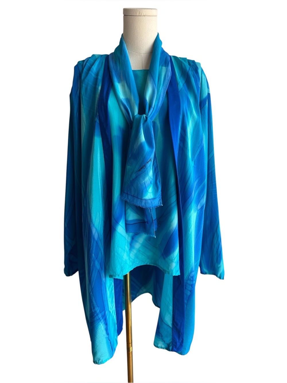 Artacious 3 Piece Silk Duster Set M/L Blue Watercolor Jacket Top Scarf Artsy